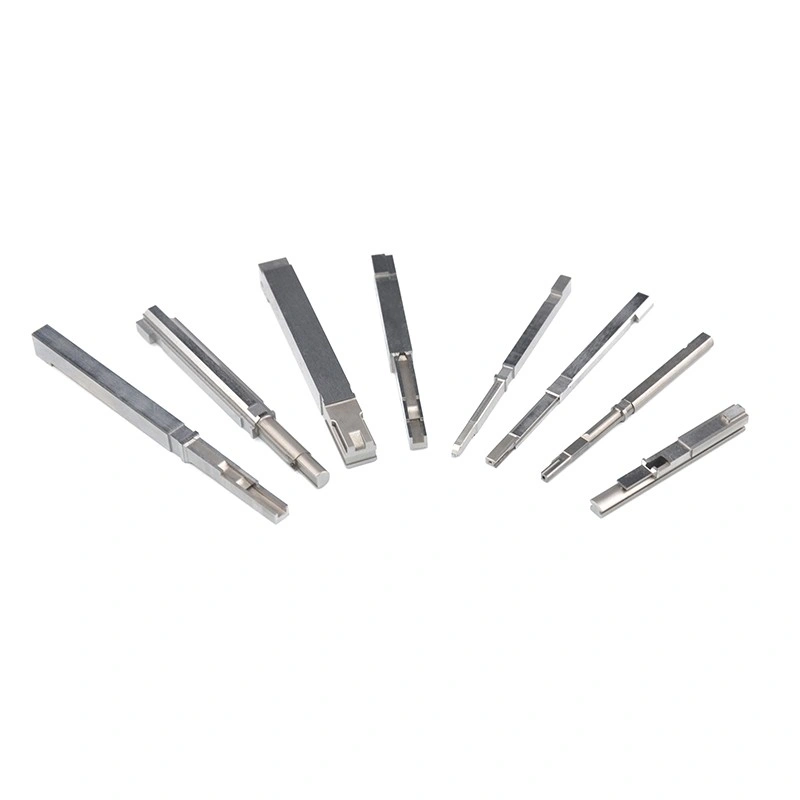 Group of custom slim machined metal components with varied profiles and stepped features